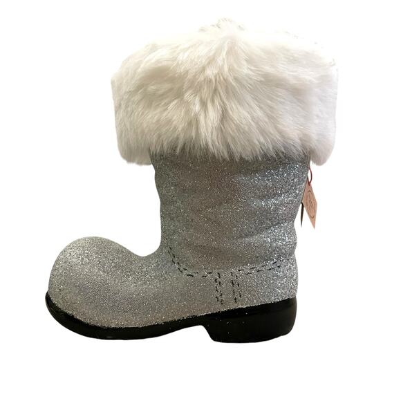 Bergdorf Goodman Ino Schaller Silver Beaded Christmas Santa Boot w/ Faux Fur NEW - Picture 1 of 14